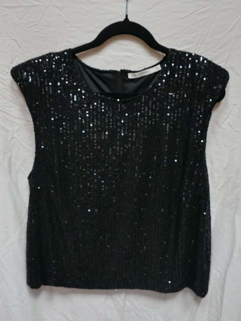 Ellison Black Sequin Cap Sleeve Top Blouse Zip Back Size Large